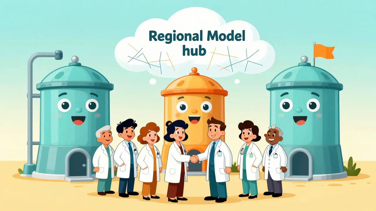 Cheerful pharmacists shaking hands in front of three regional regulatory hubs.