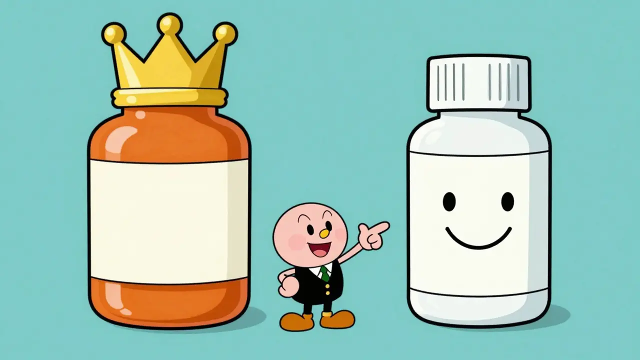 Comparison between a fancy brand-name drug and a friendly generic drug