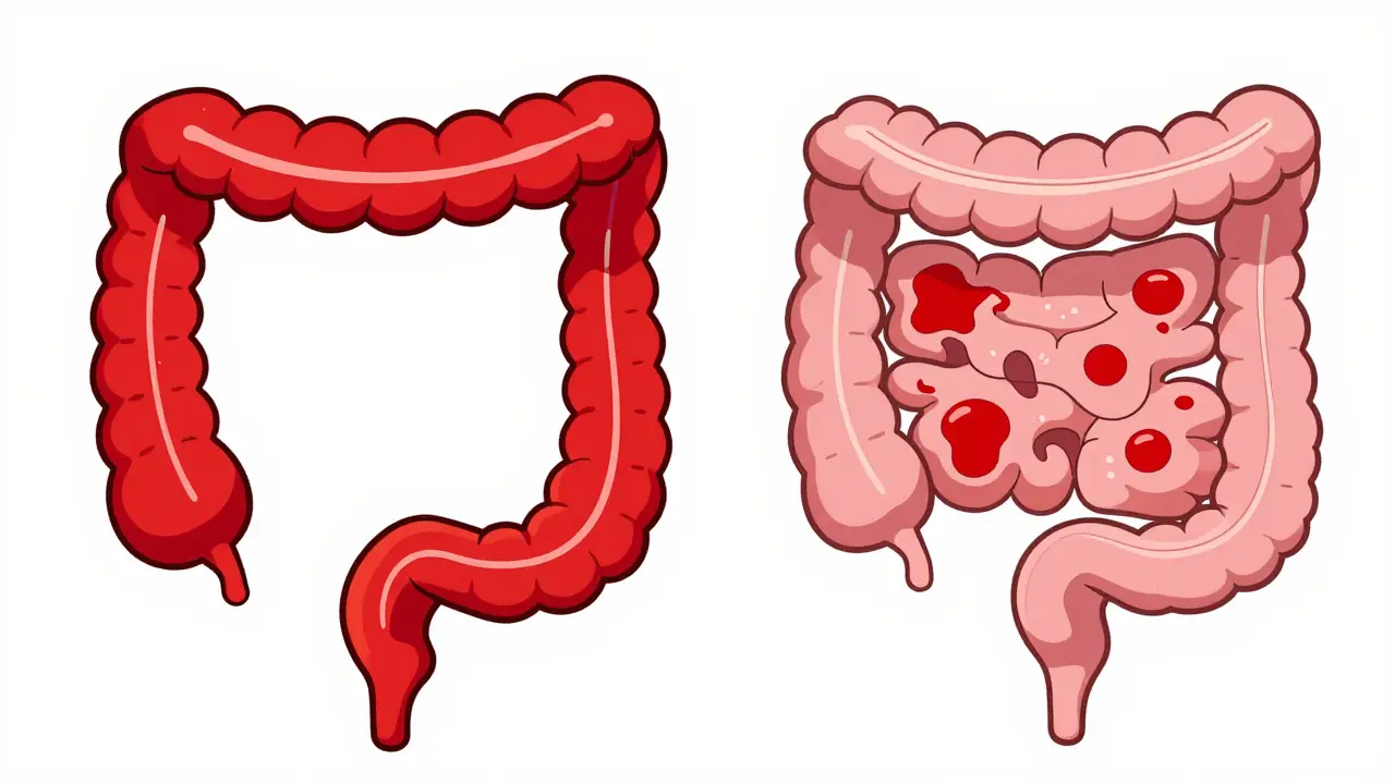 Comparison of continuous inflammation versus patchy skip lesions in cartoon style.