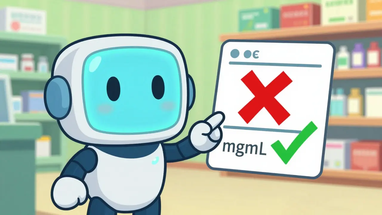 Friendly AI robot flagging a dosing error on a medication label