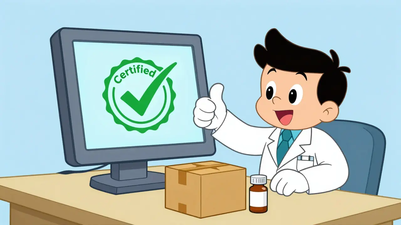 Friendly pharmacist and a certified online pharmacy delivery package.