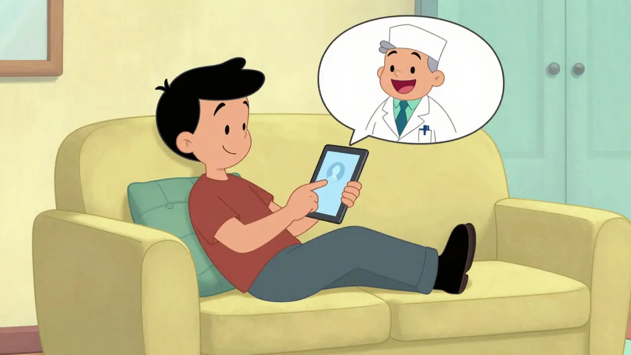 Person using a tablet for a telehealth doctor consultation in cartoon style
