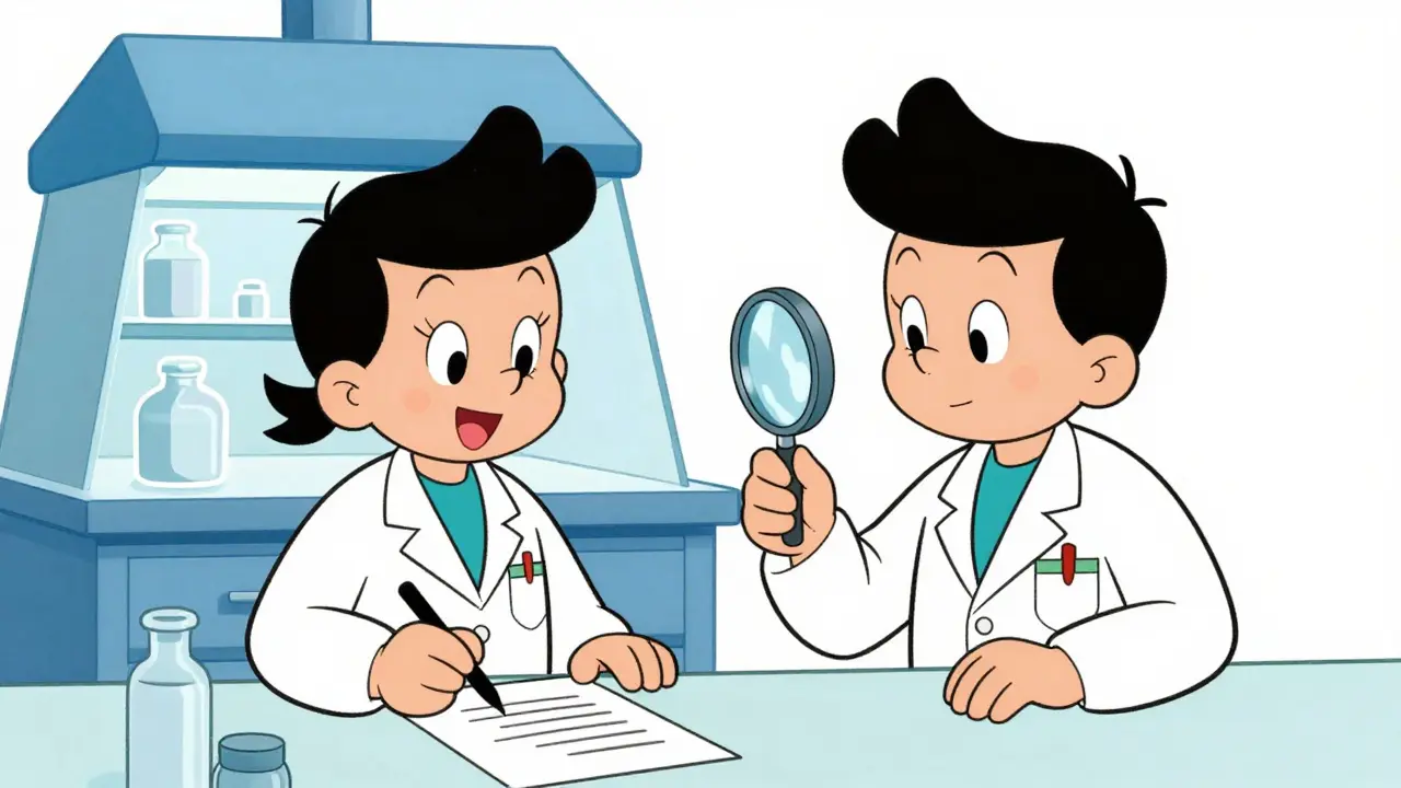 Two pharmacists collaborating to double-check medication calculations in a lab