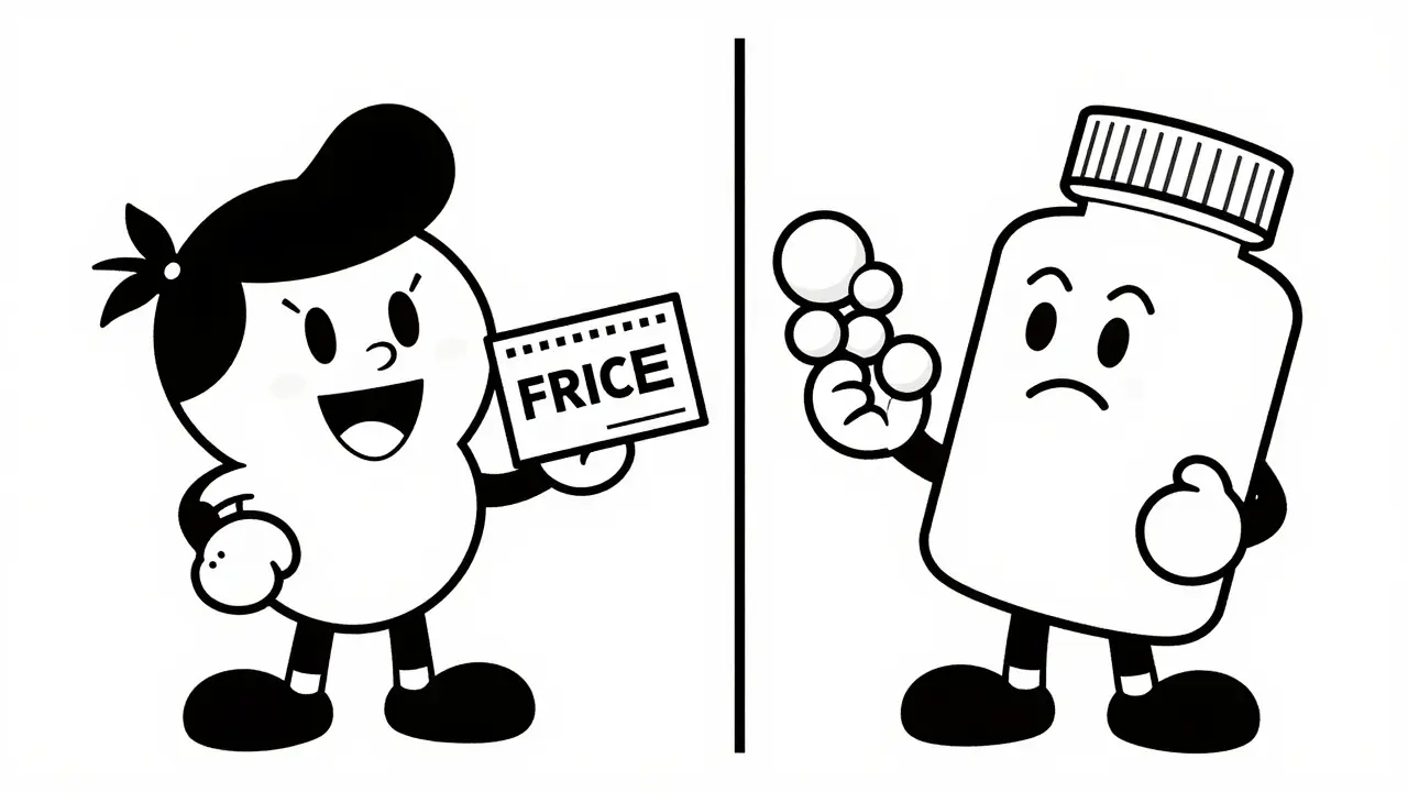 Animated characters comparing coupons and bulk pill bottles for savings.