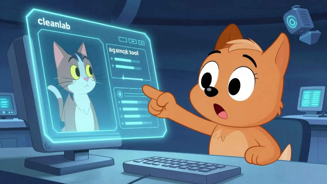 Animated computer character spotting a mislabeled cat image as a dog.