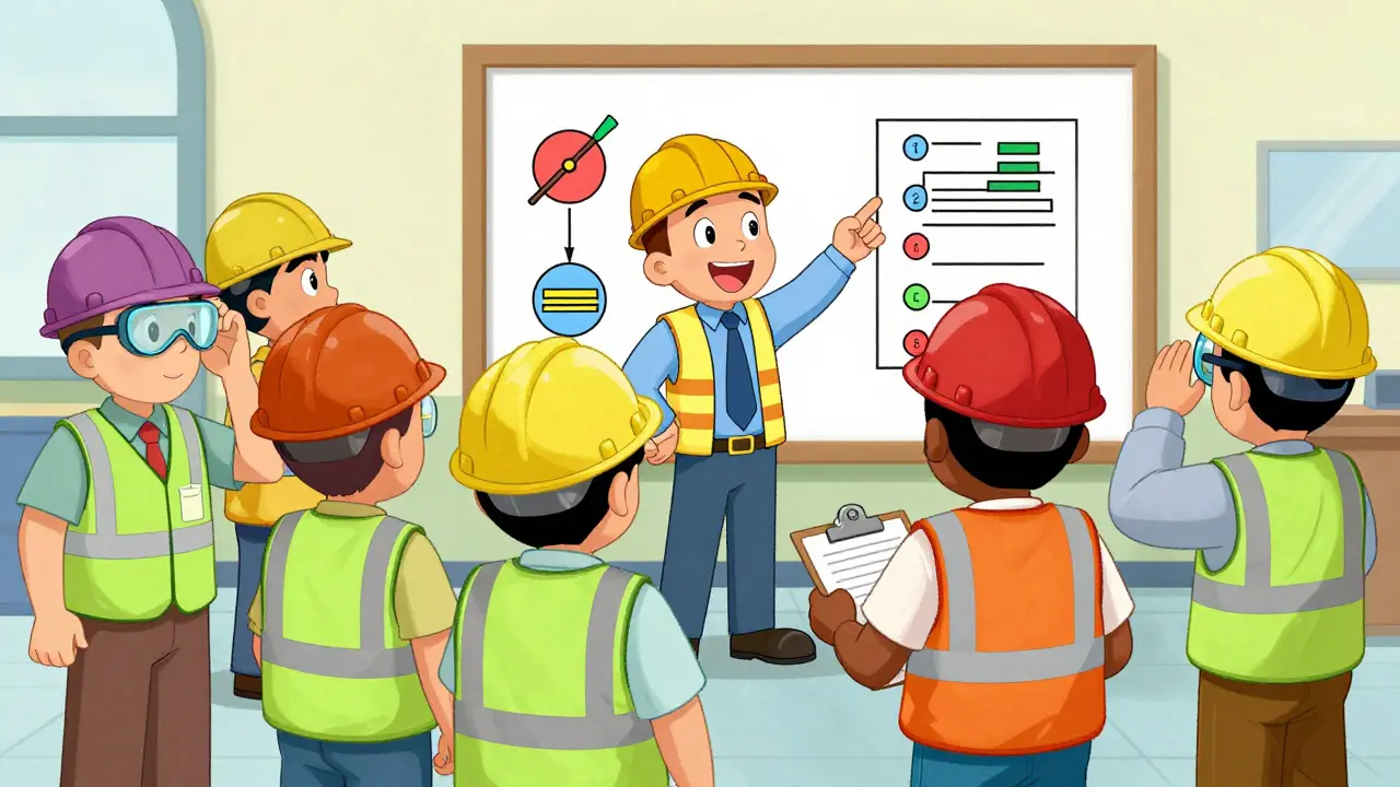 Animated group of workers attending a safety training session in a workshop.