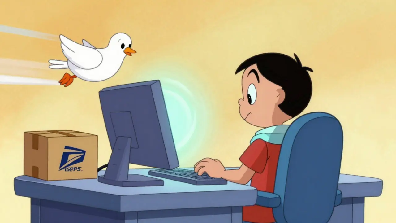 Cartoon character receiving safe online medication delivery package