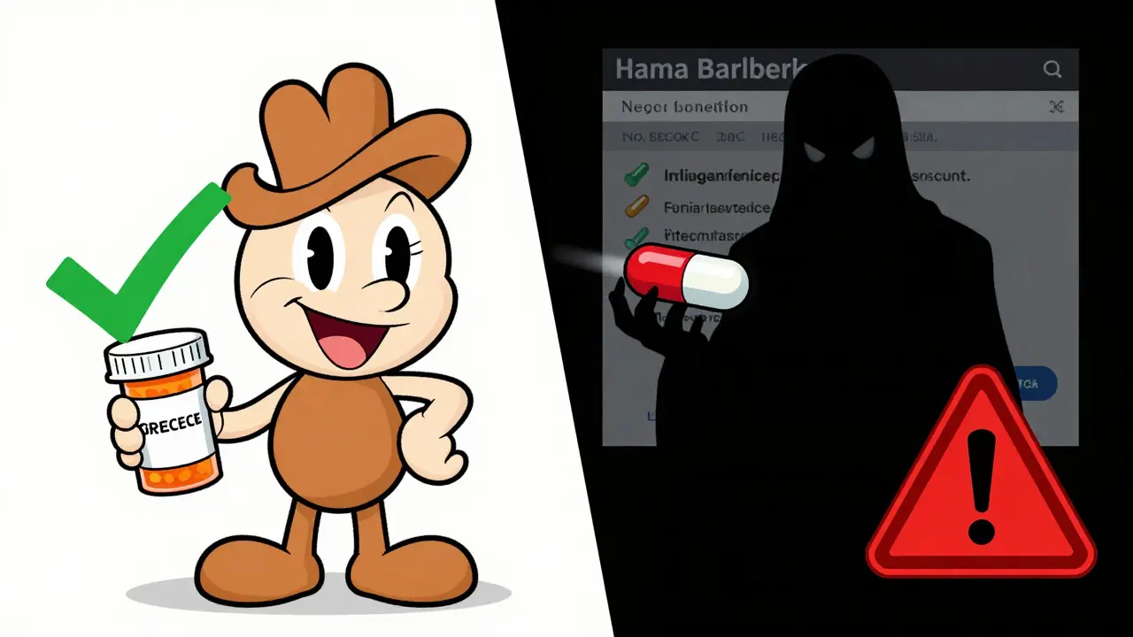 Cartoon comparison of safe prescription vs dangerous illegal pills