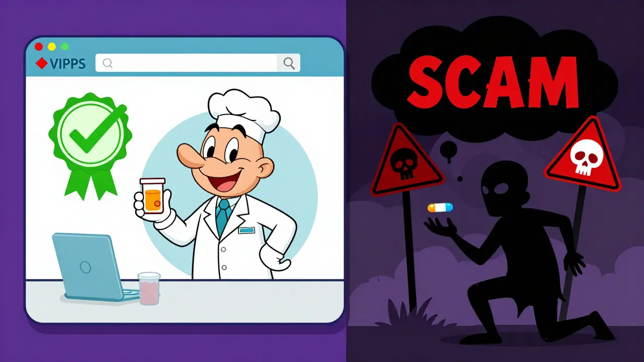 Cartoon comparison of safe verified pharmacy vs scam site