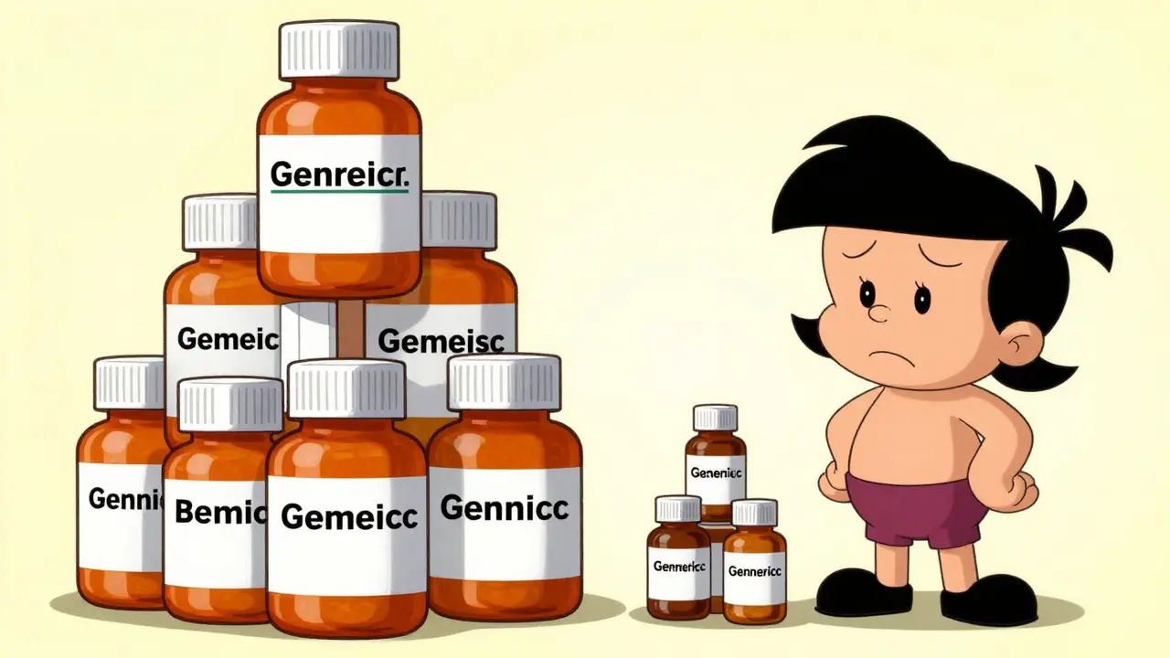 Cartoon comparison showing cheap generics vs expensive brand pills