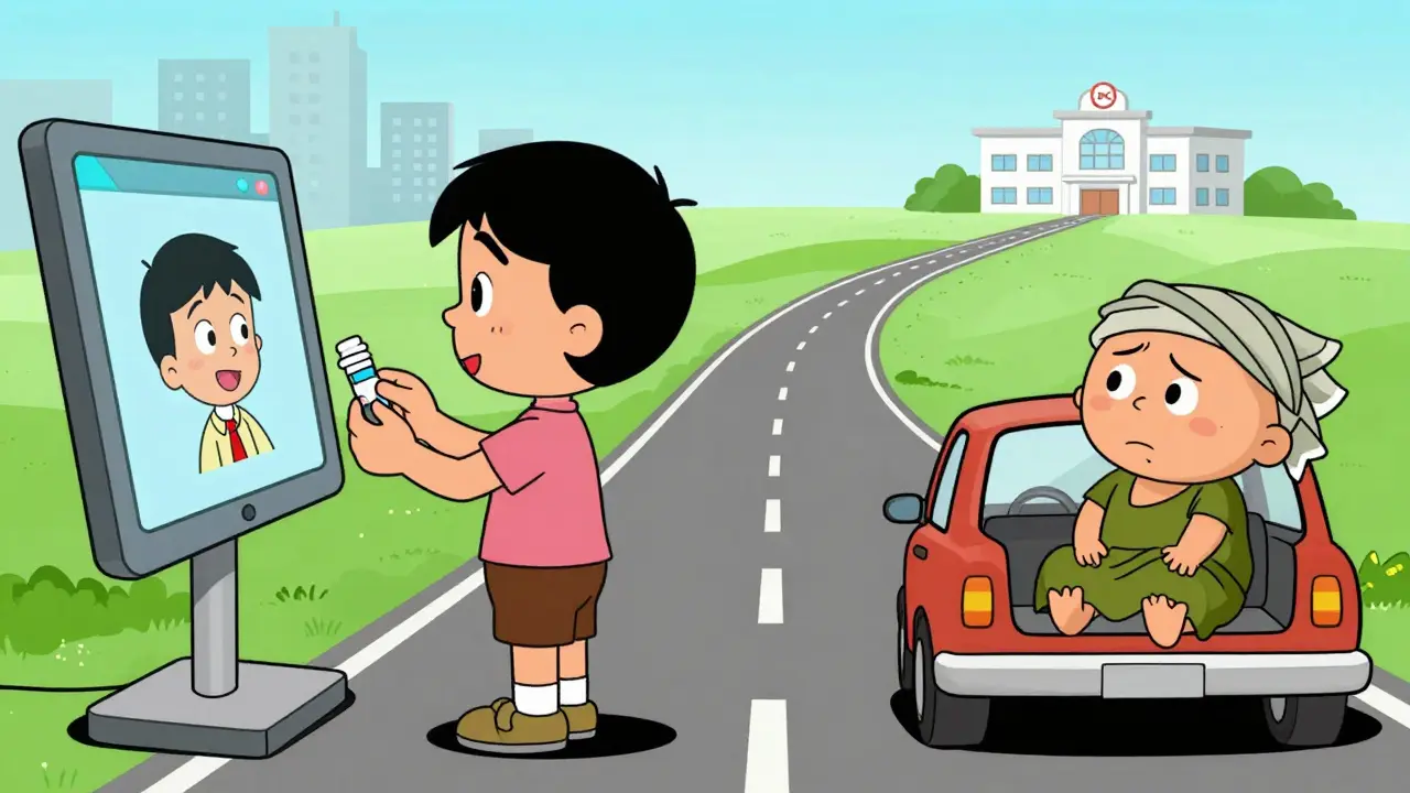 Cartoon contrasting easy city telemedicine access with difficult rural travel for in-person care.