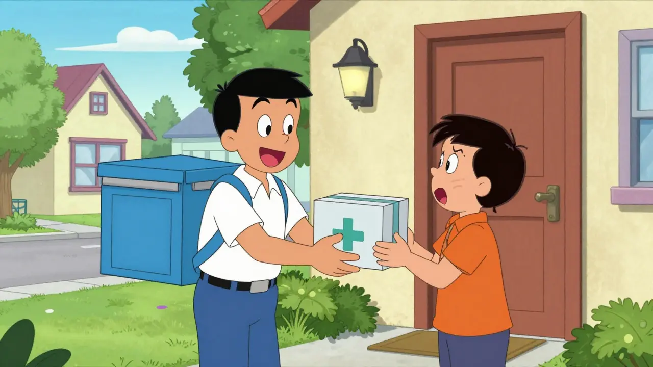 Cartoon delivery person handing a medication package to a customer