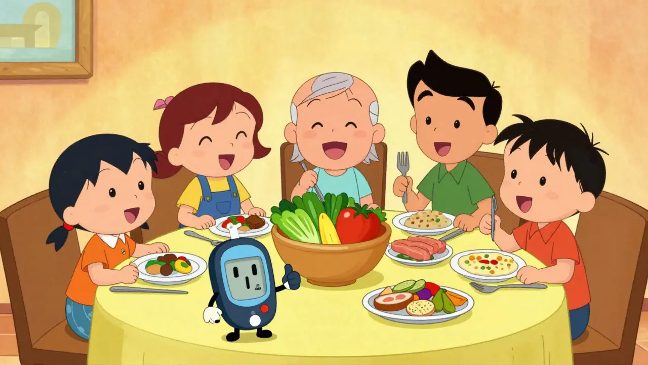 Cartoon family eating healthy food with glucose meter