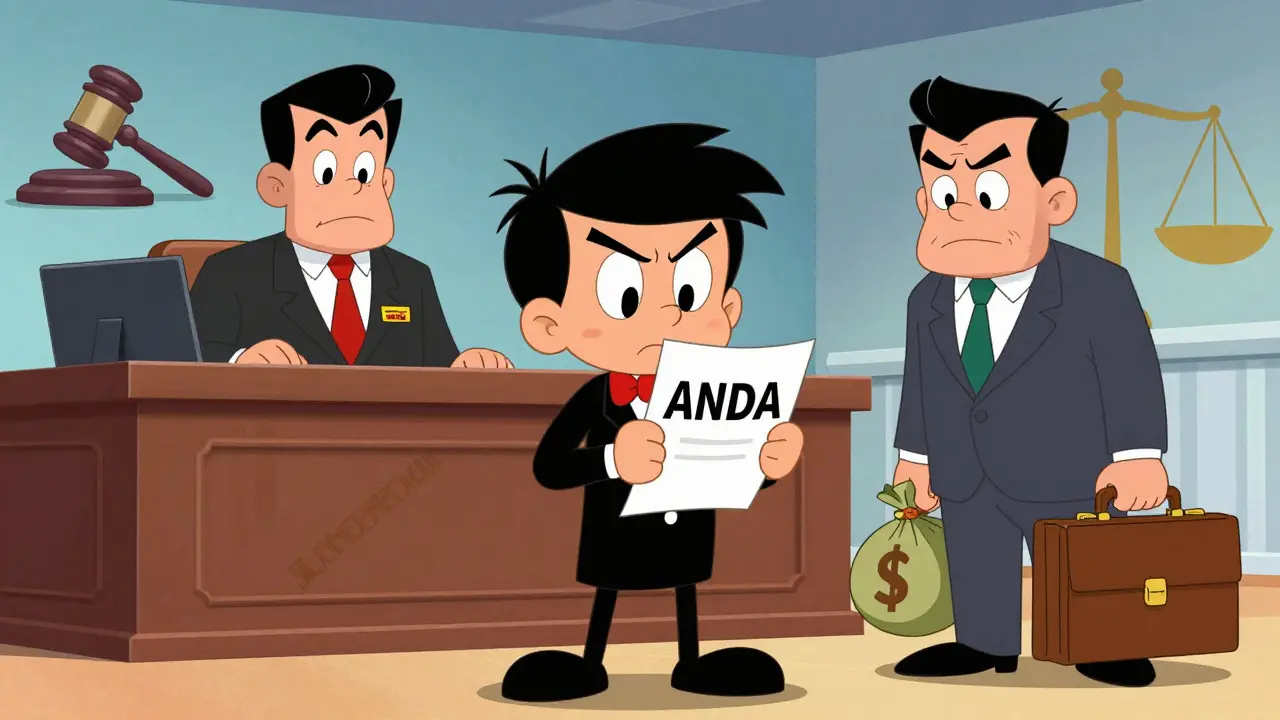 Cartoon generic maker challenging brand exec in stylized courtroom