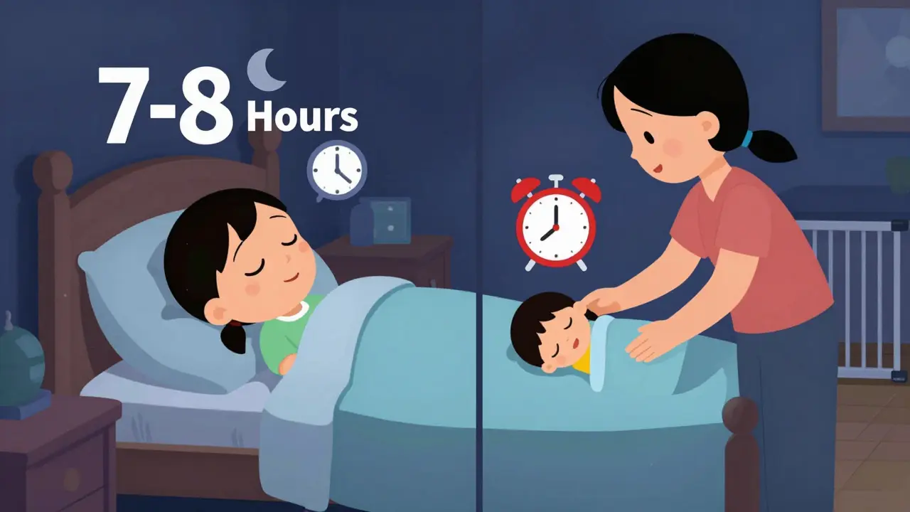Cartoon illustrating sleep hygiene and scheduled awakening techniques