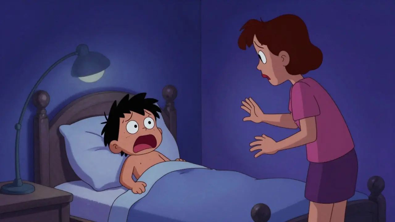 Cartoon of a child having a night terror in bed with a parent watching