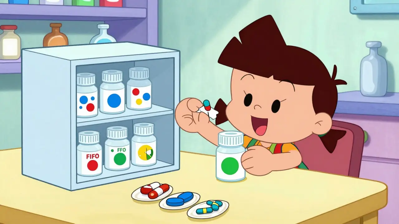 Character sorting meds and adding color-coded expiration stickers