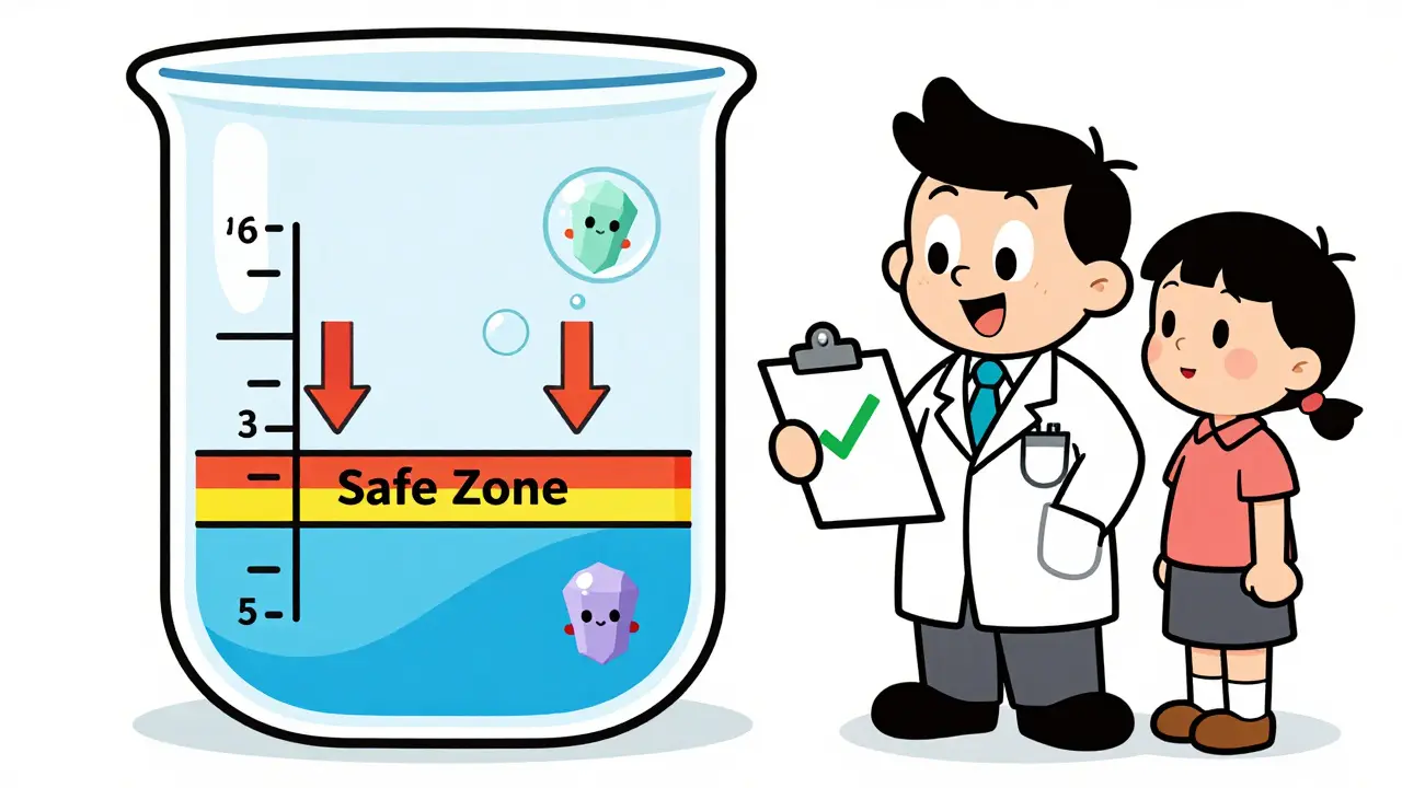 Doctor and patient checking urine levels in a beaker with dissolving crystals