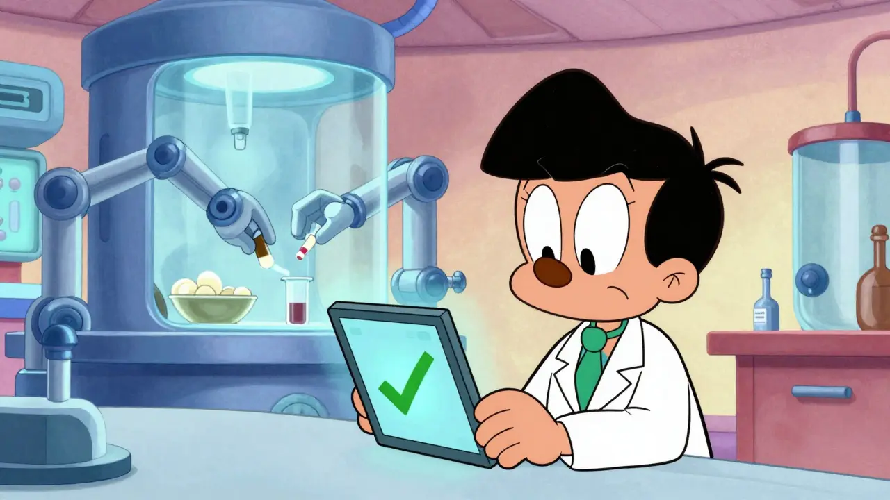 Futuristic cartoon lab with scientist and automated stability testing