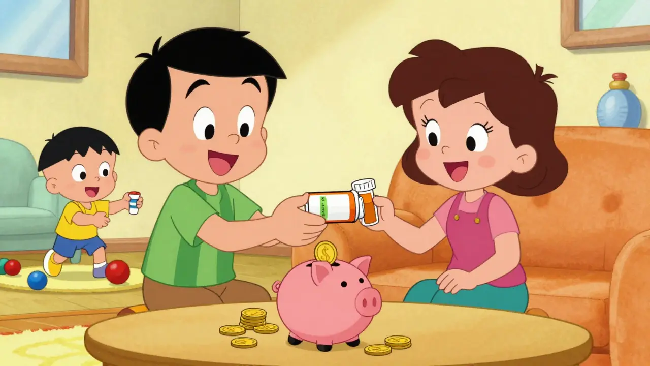 Happy family saving money on prescriptions in retro cartoon style