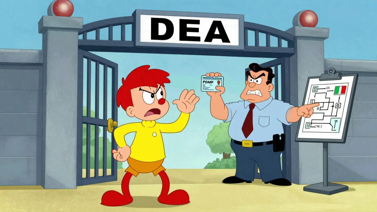 Illustration of a patient facing strict ID checks and bureaucracy for controlled substance prescriptions.