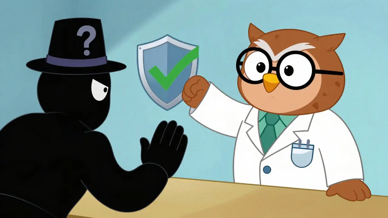 Pharmacist character pointing to safety seal while rejecting shady seller.