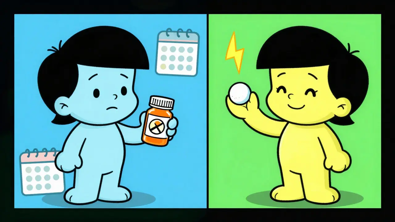 Split screen cartoon comparing slow SSRI treatment vs fast benzo risk.