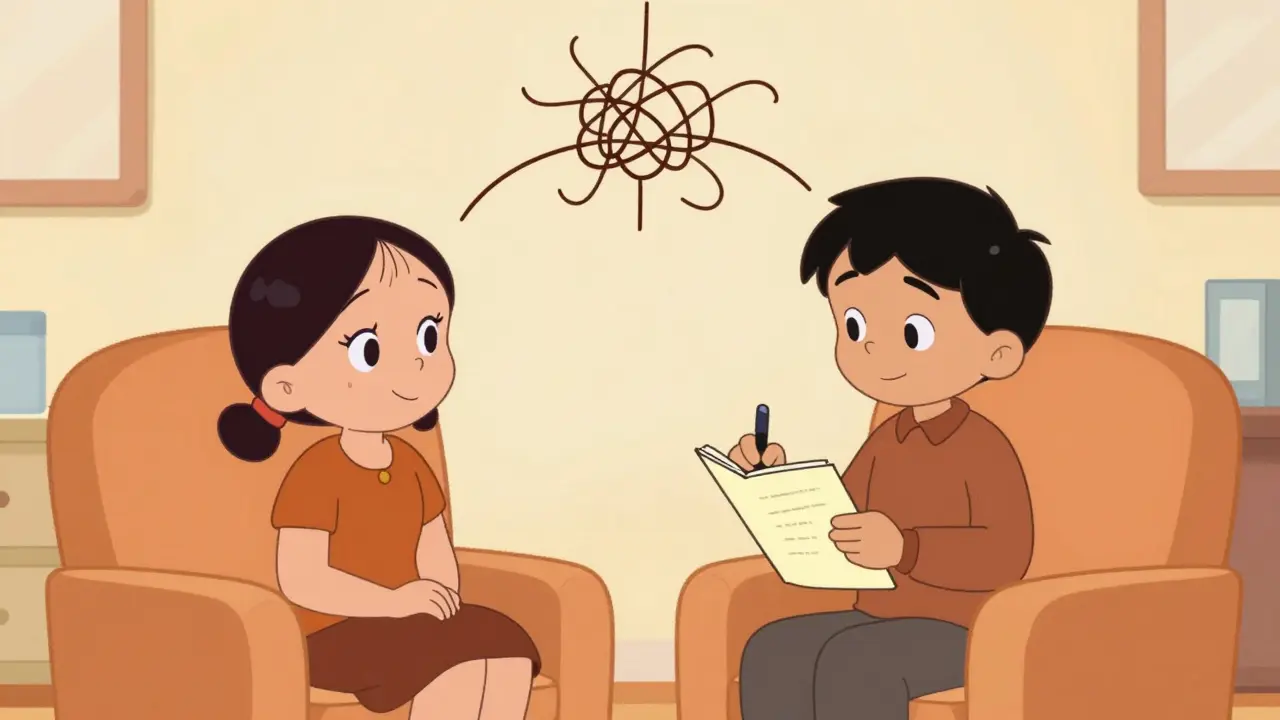 Therapist and patient doing CBT exercises to untangle worry knots.