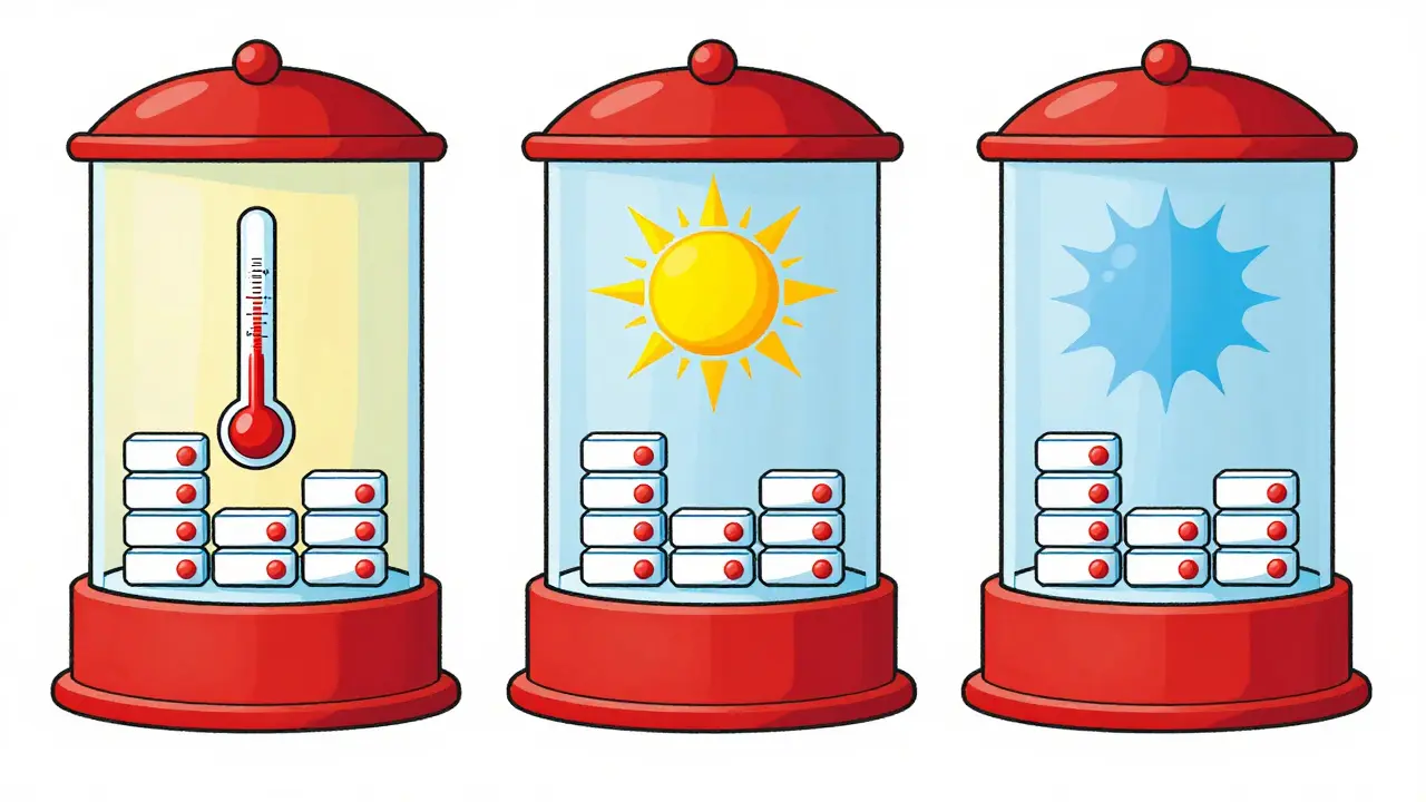 Three cartoon stability chambers showing different storage conditions