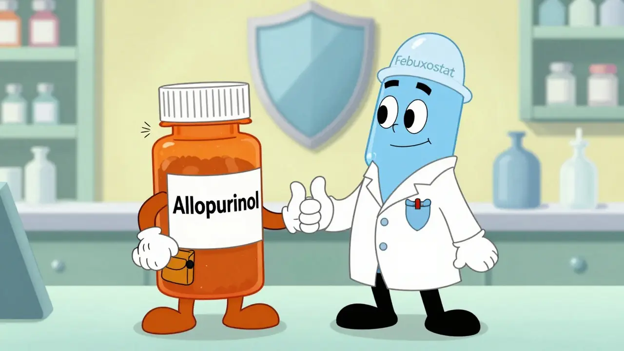 Two friendly pill bottles representing gout medications shaking hands