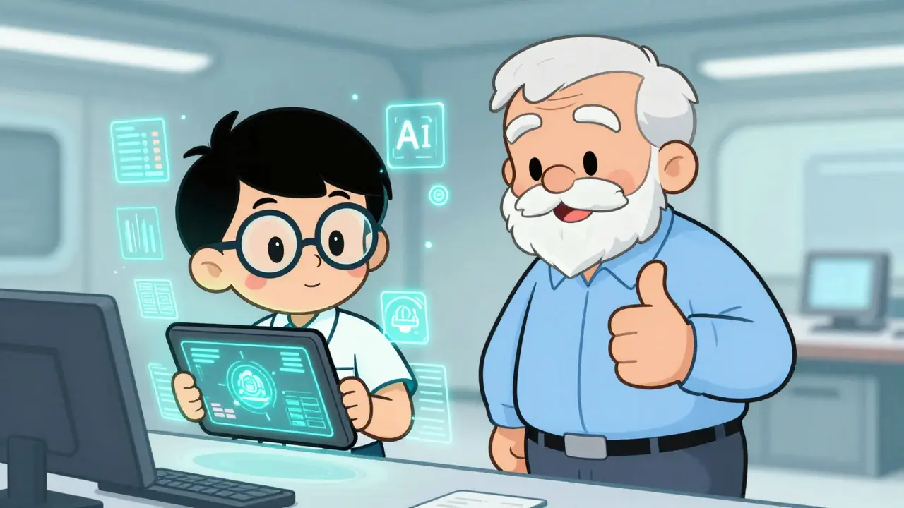 Young tech and veteran worker reviewing digital data in a Hanna-Barbera style.