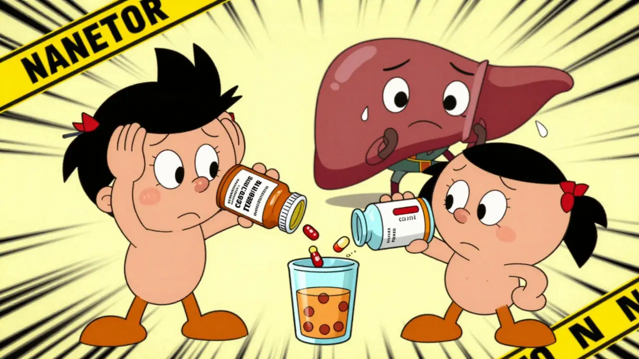 Cartoon characters accidentally mixing medicines with the same active ingredient