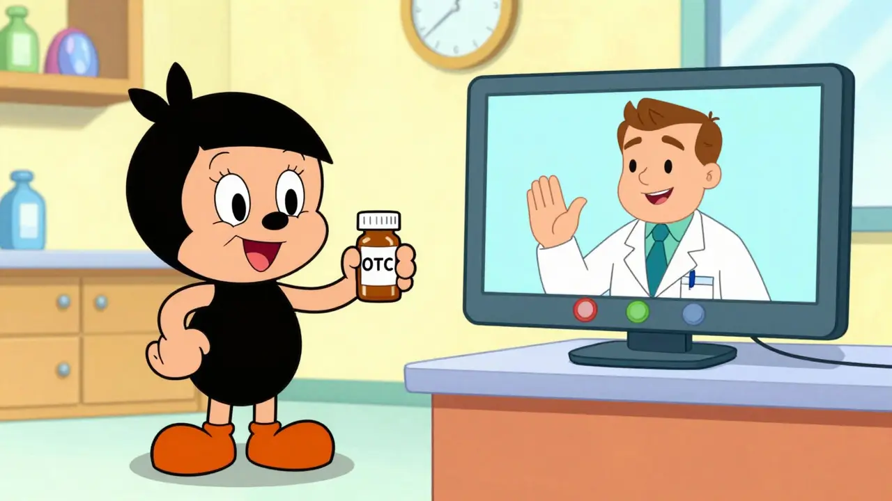 Cartoon characters comparing OTC meds and telehealth