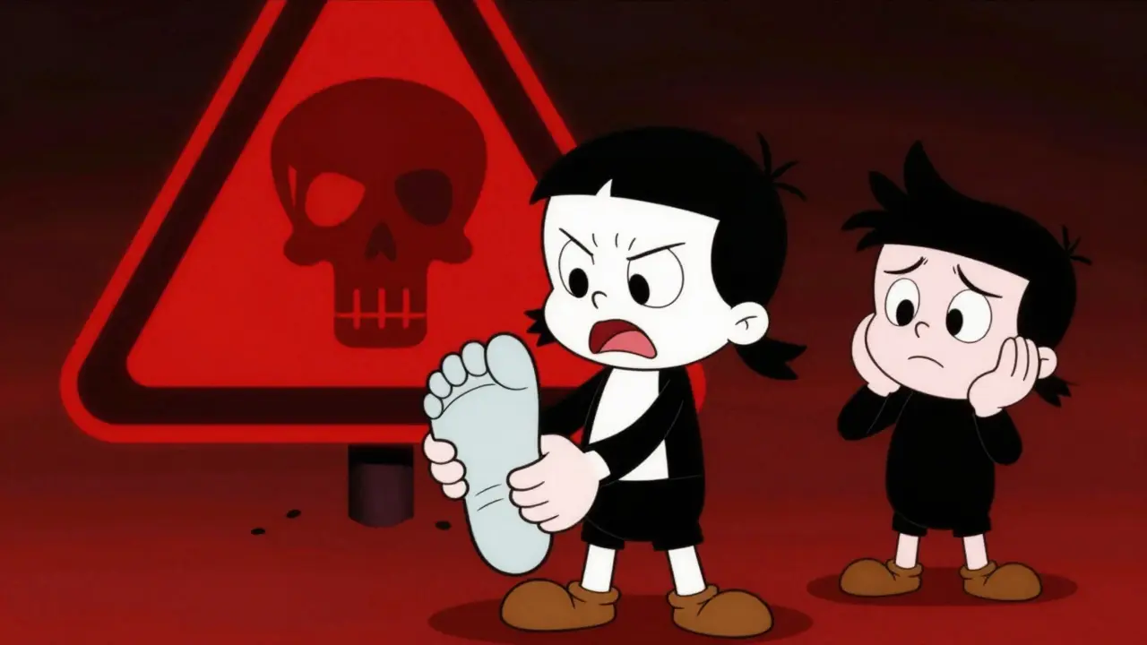 Cartoon figure holding injured ankle near red danger warning sign