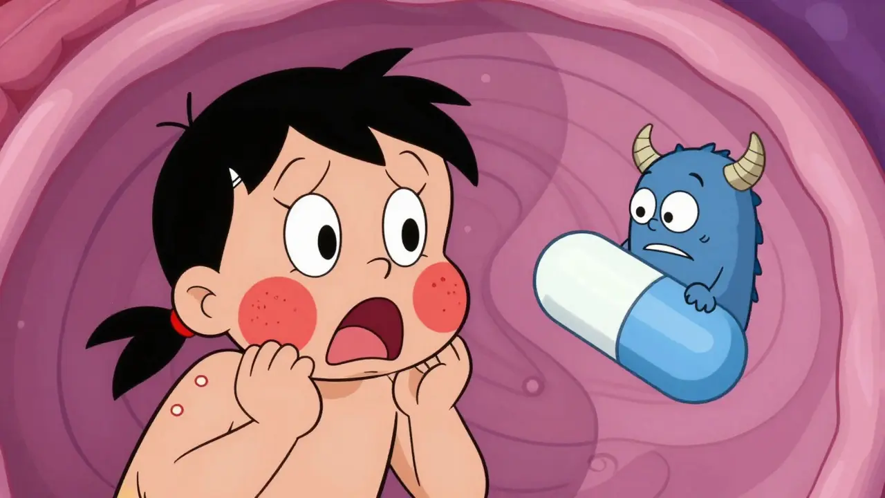 Cartoon patient having an allergic reaction to a mischievous pill