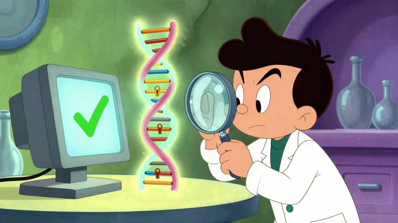 Cartoon scientist examining DNA strand for genetic drug risks