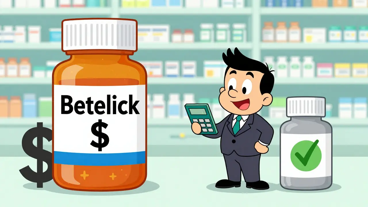Cartoon showing cost difference between brand and generic drugs
