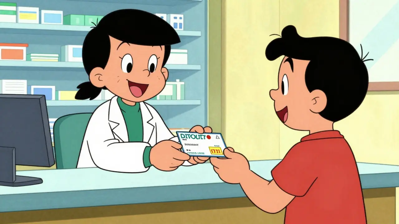 Cheerful pharmacist giving discount card to customer