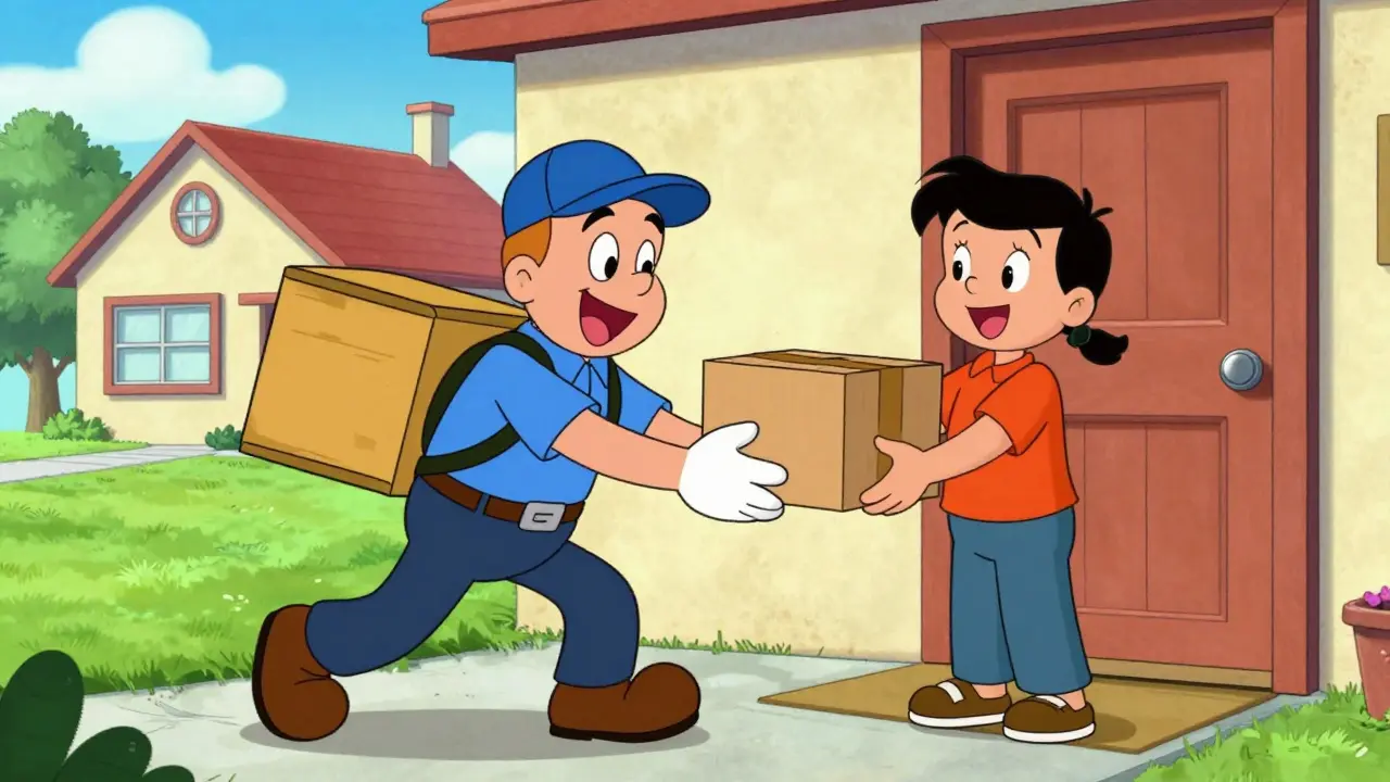Courier delivering medicine package to front door