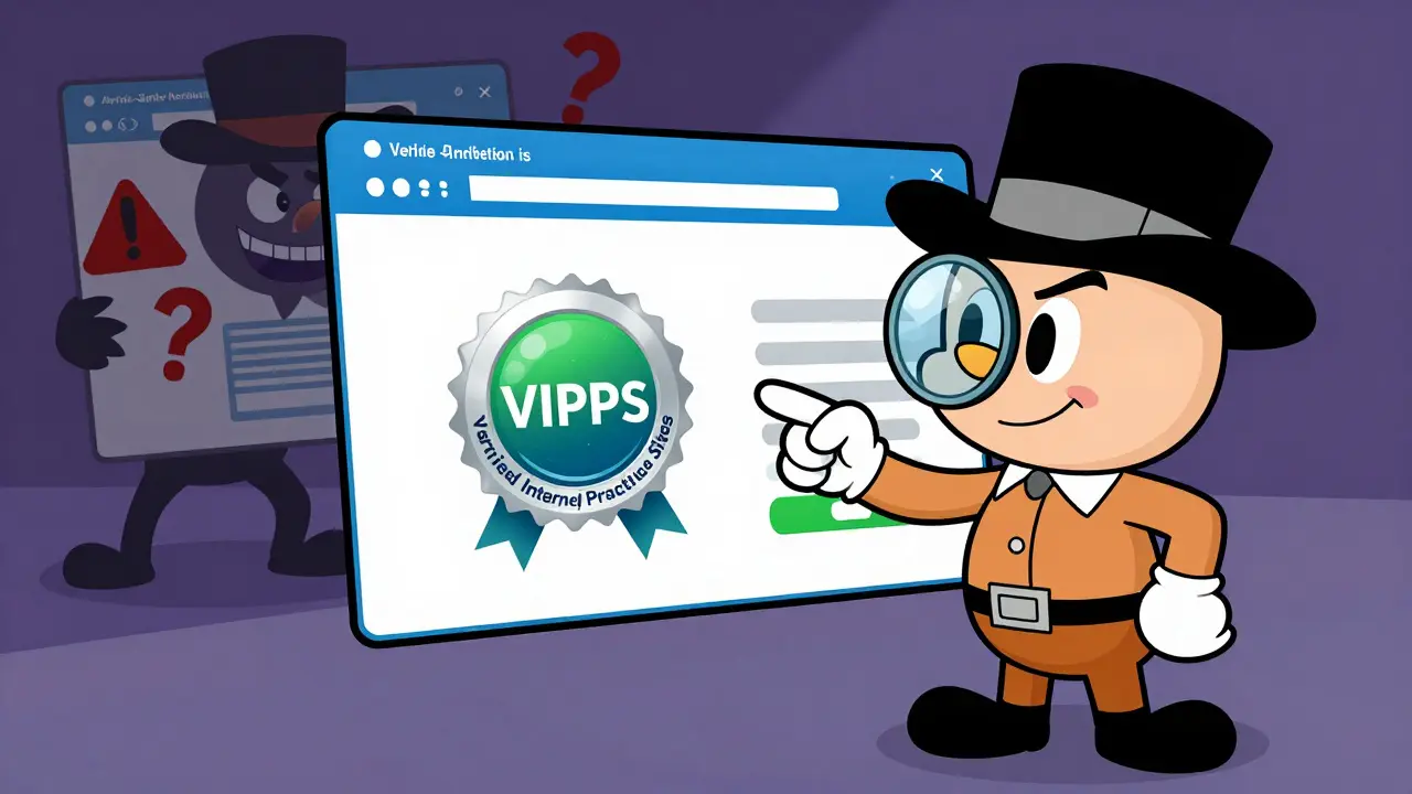 Detective character verifying a safe pharmacy seal while avoiding shady fake websites.