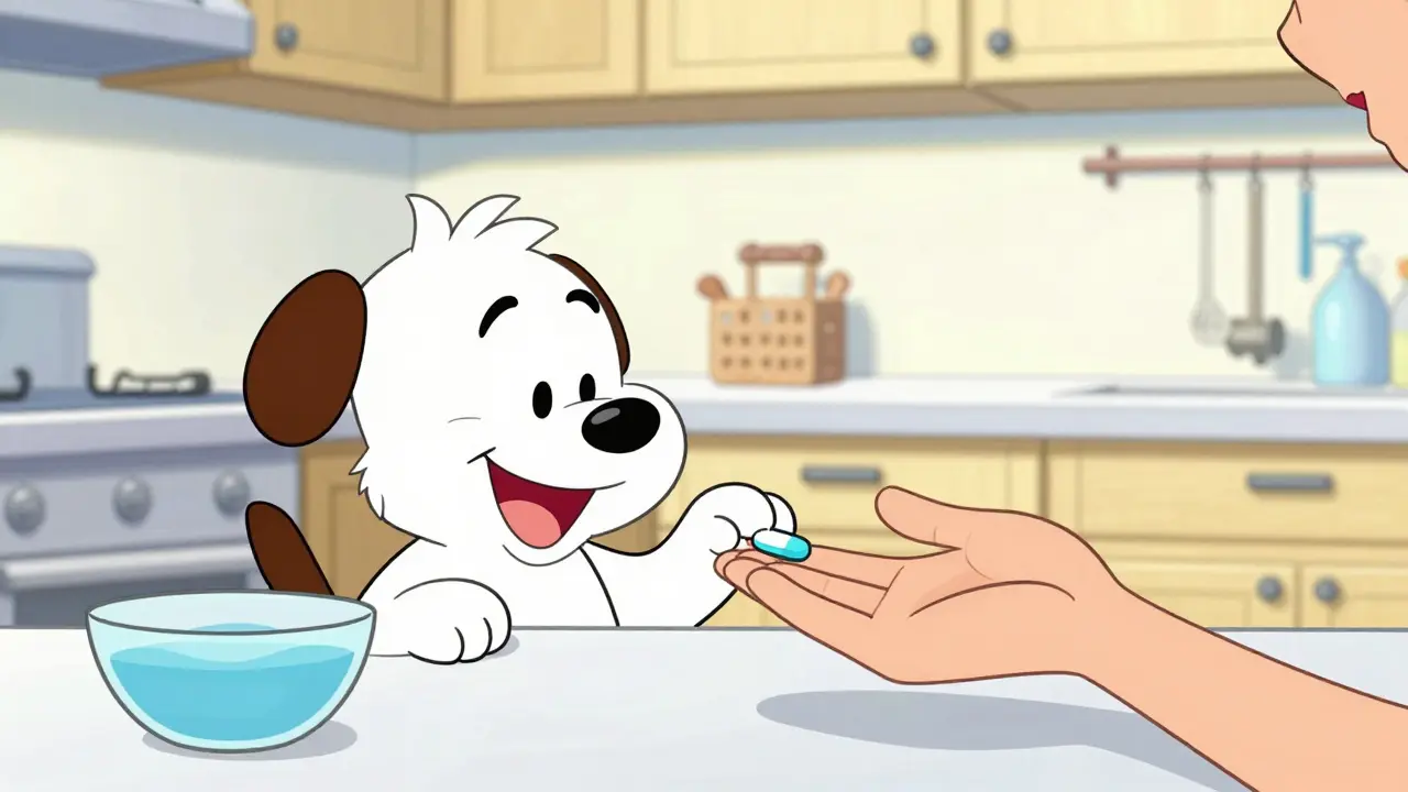Dog happily taking a pill from owner in kitchen