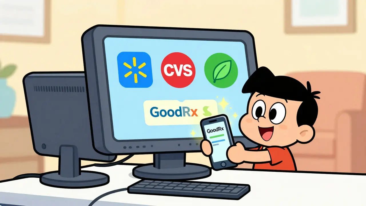 Friendly computer showing trusted pharmacy logos and a glowing discount coupon.