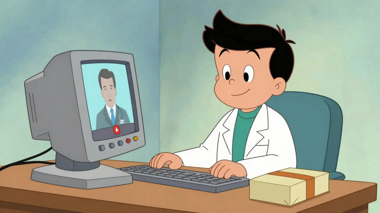 Friendly doctor on video call sending medicine package safely