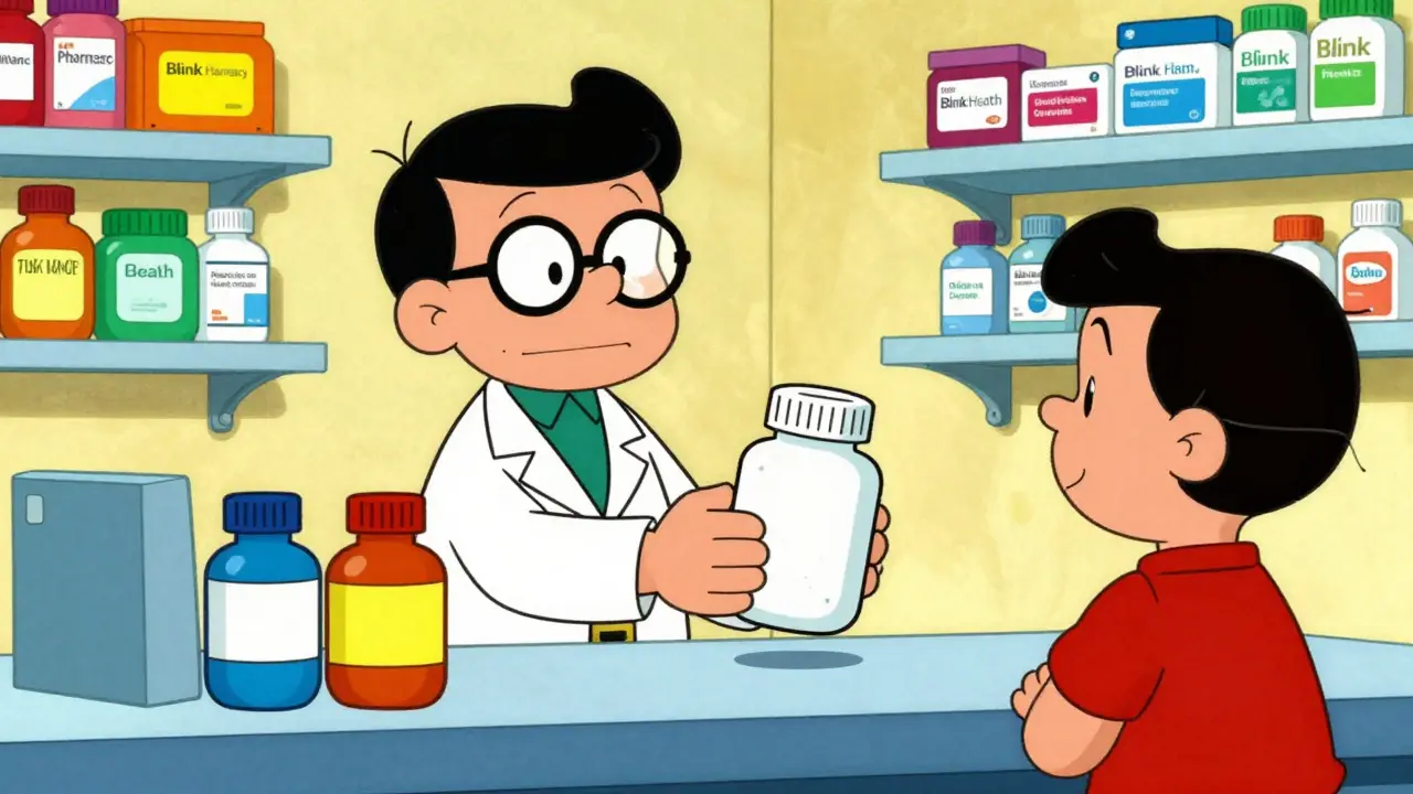 Friendly pharmacist handing medicine to a happy customer