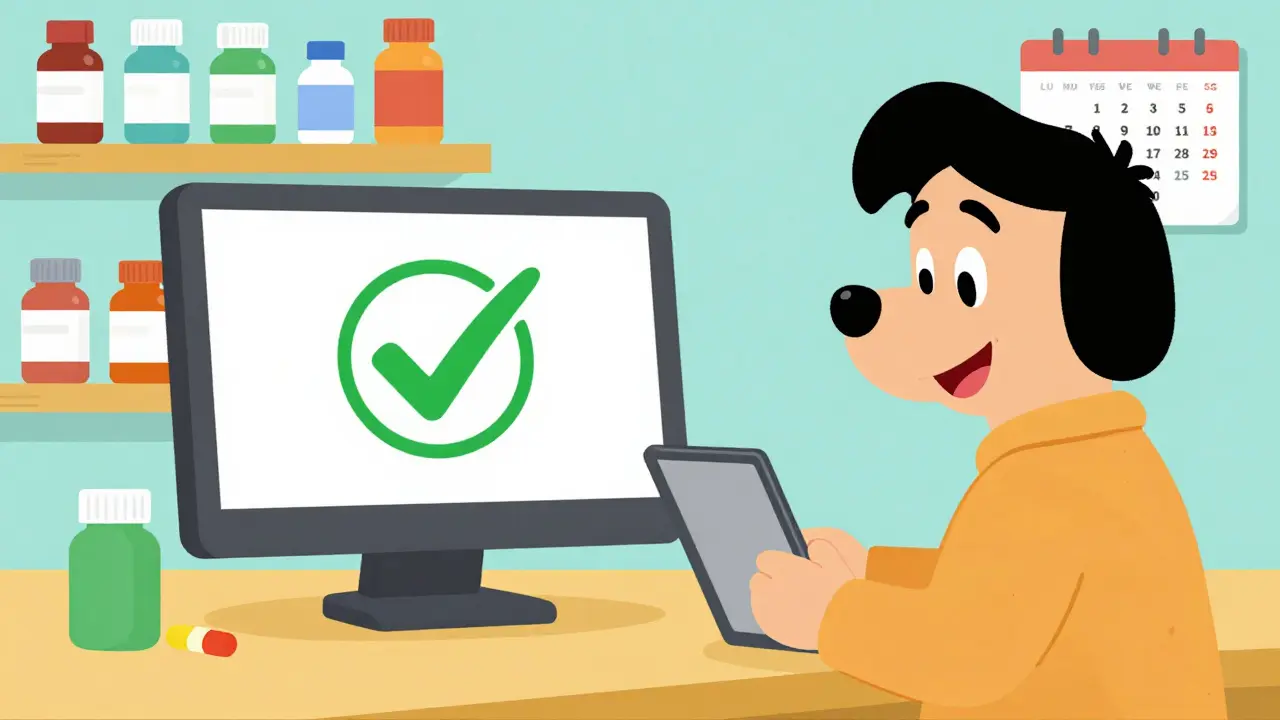Happy dog and owner buying pet meds online safely