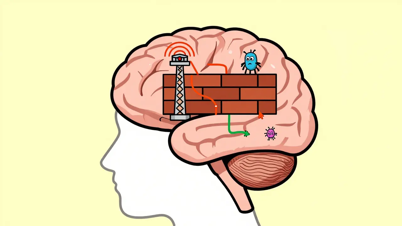 Illustration of brain showing dopamine signals blocked by antihistamines