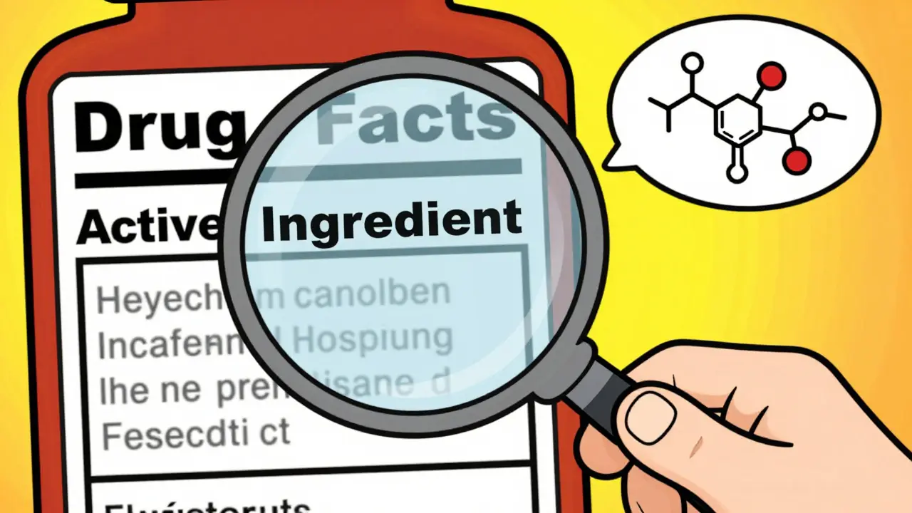 Magnifying glass inspecting the active ingredient section of a drug label