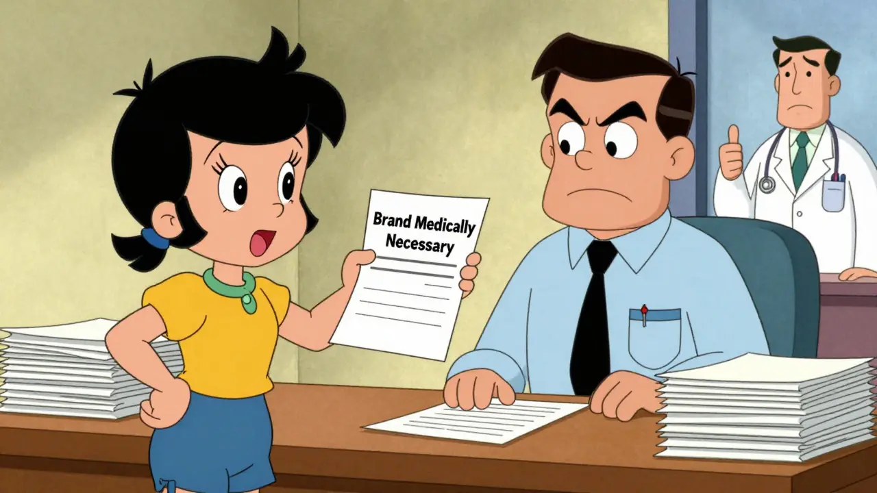 Patient presenting prescription to insurance rep for brand approval
