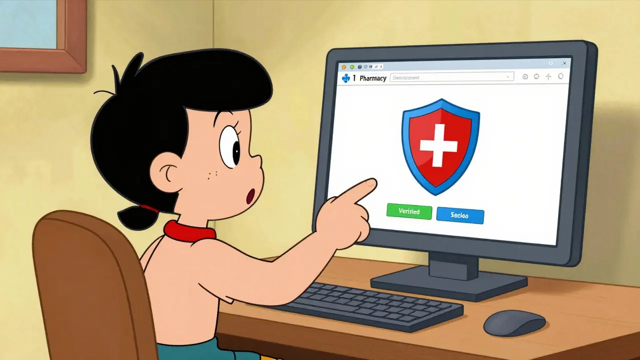 Person safely verifying online pharmacy credentials