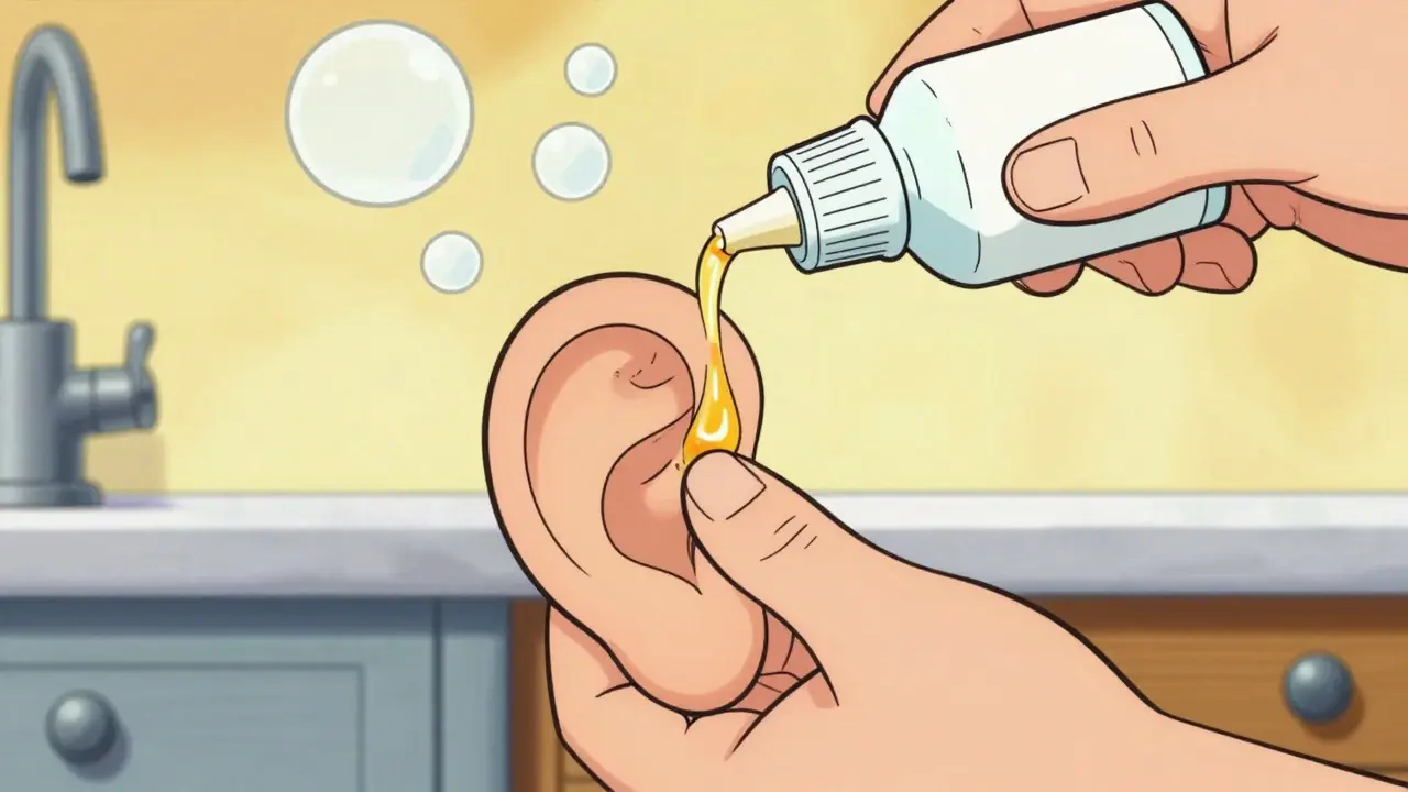Animated ear drops bubbling inside a stylized ear to soften wax